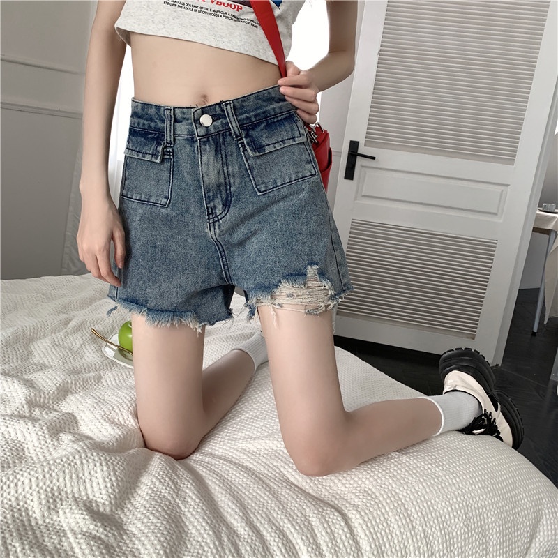 Quần Short Denim Lưng Cao Phối Rách Kiểu Retro Hàn Quốc Thời Trang Mùa Hè Cho Nữ
