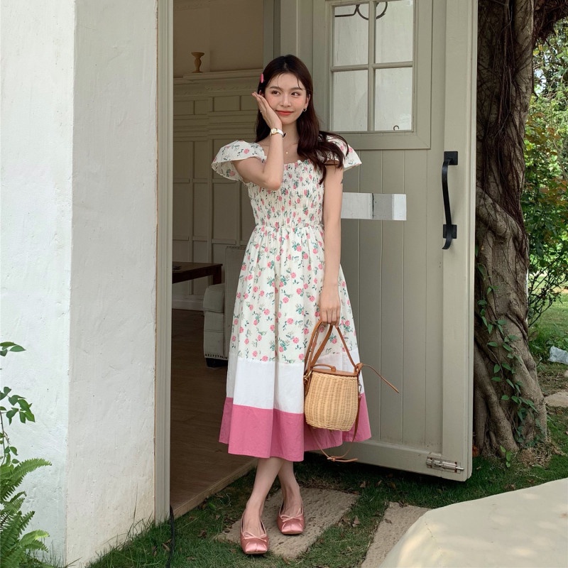 Đầm Hoa Tay Ngắn Màu Sắc Tương Phản Chất Liệu Co Giãn Thời Trang Dành Cho Nữ