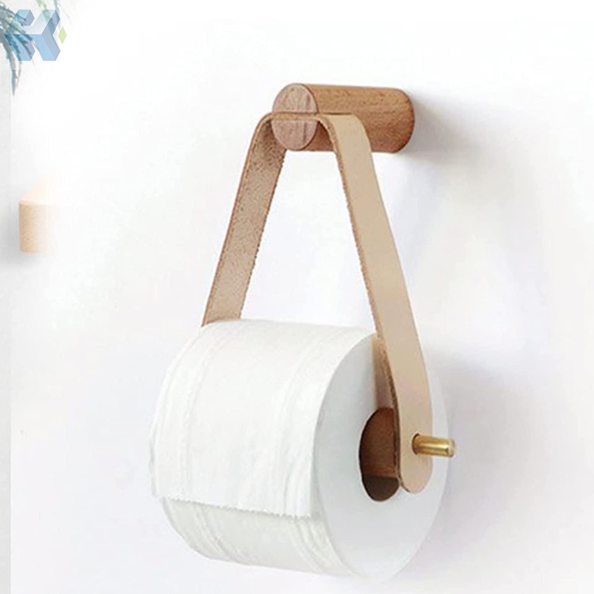 Giá Đỡ Cuộn Giấy Vệ Sinh Bằng Gỗ &amp; Da Tự Dính Gắn Tường Tiện Dụng