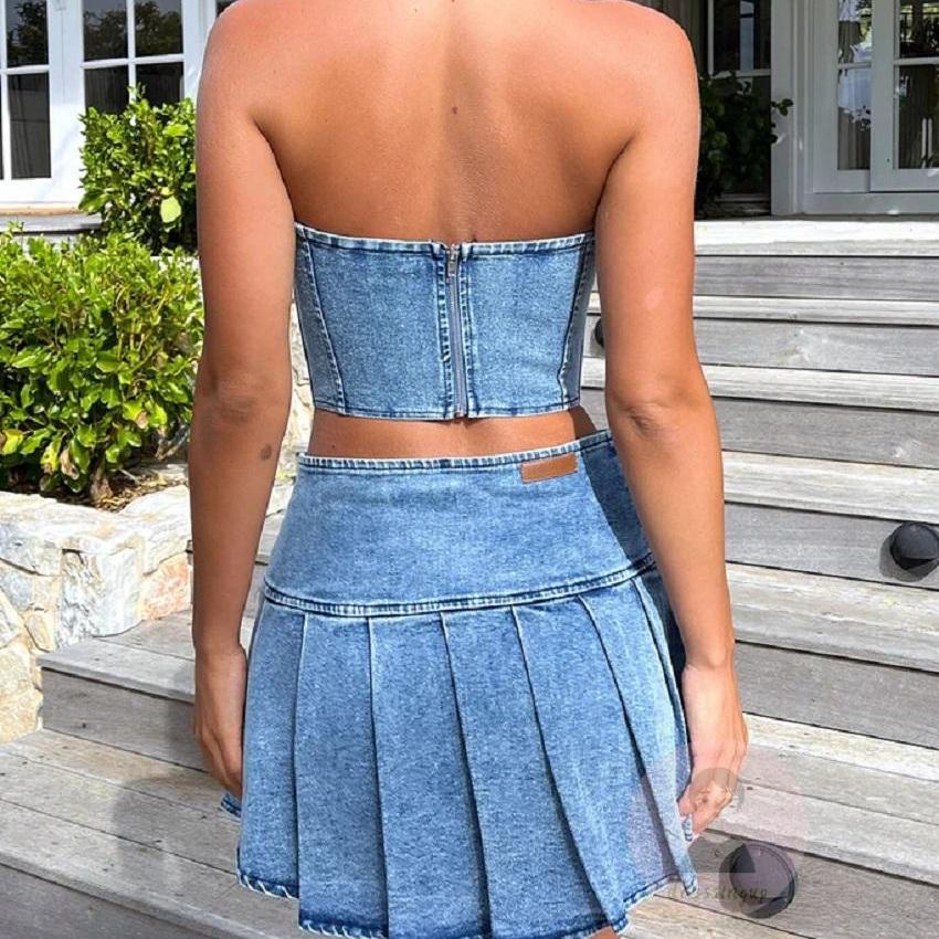 Set Áo Cúp Ngực Không Tay + Chân Váy Jeans Thời Trang Nữ
