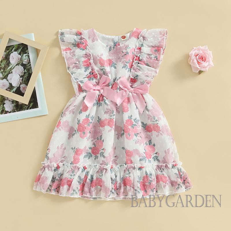 Đầm Mùa Hè Dáng Chữ A Tay Bay Cổ Tròn In Họa Tiết Hoa Thắt Nơ Cho Bé Gái 4-7 Tuổi