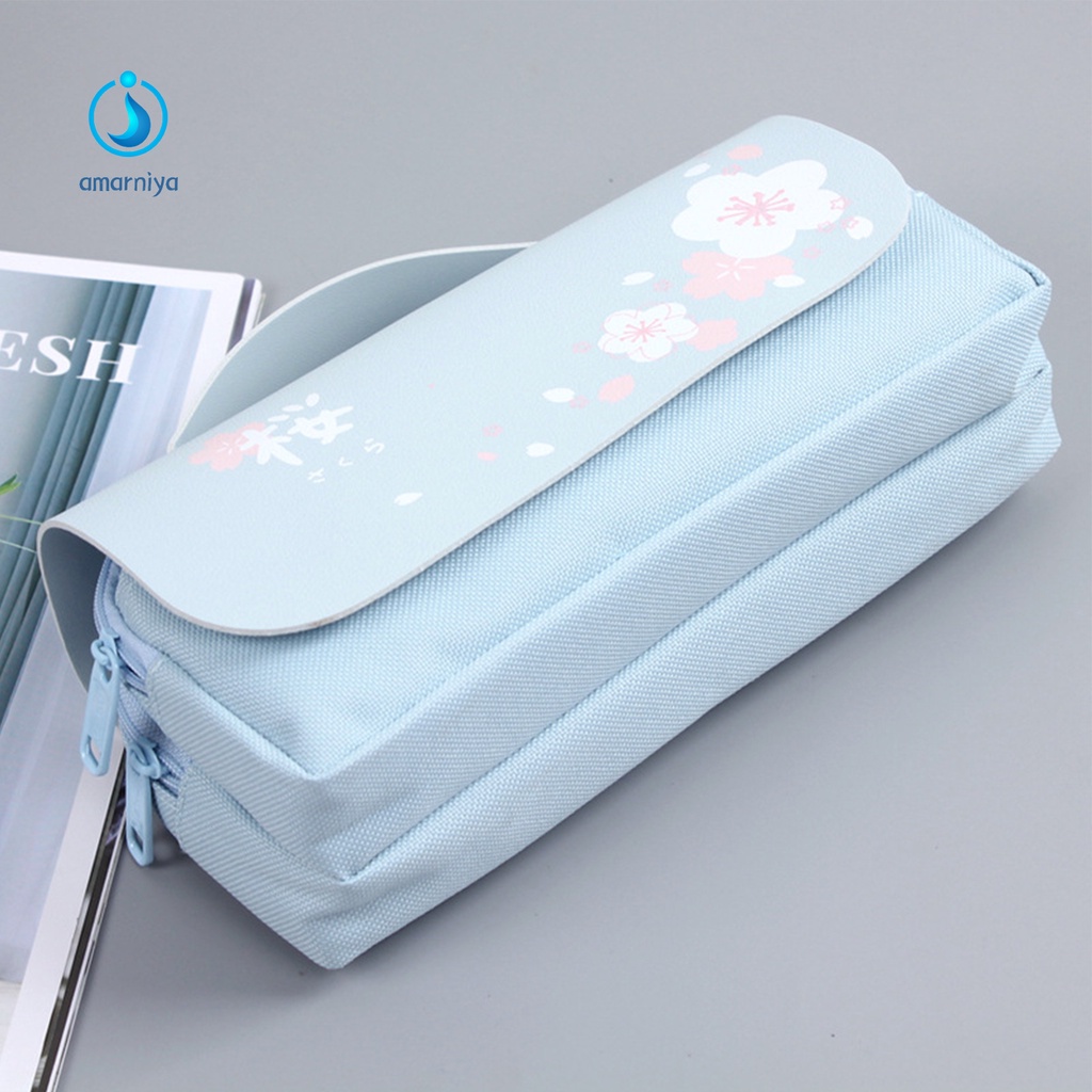 (Shop Amart) Túi Đựng Bút Bằng Da Giả Hai Ngăn Có Dây Kéo Kim Loại