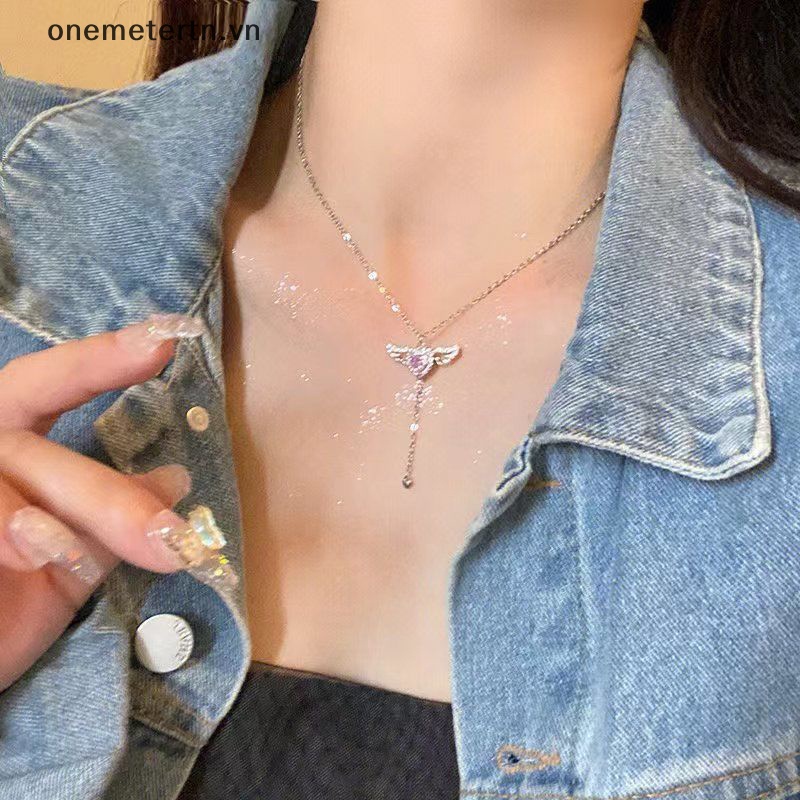 Bộ Vòng cổ + Bông Tai Hình Cánh Thiên Thần + Mũi Tên Đính Đá Pha Lê Hồng Thời Trang Cho Nữ