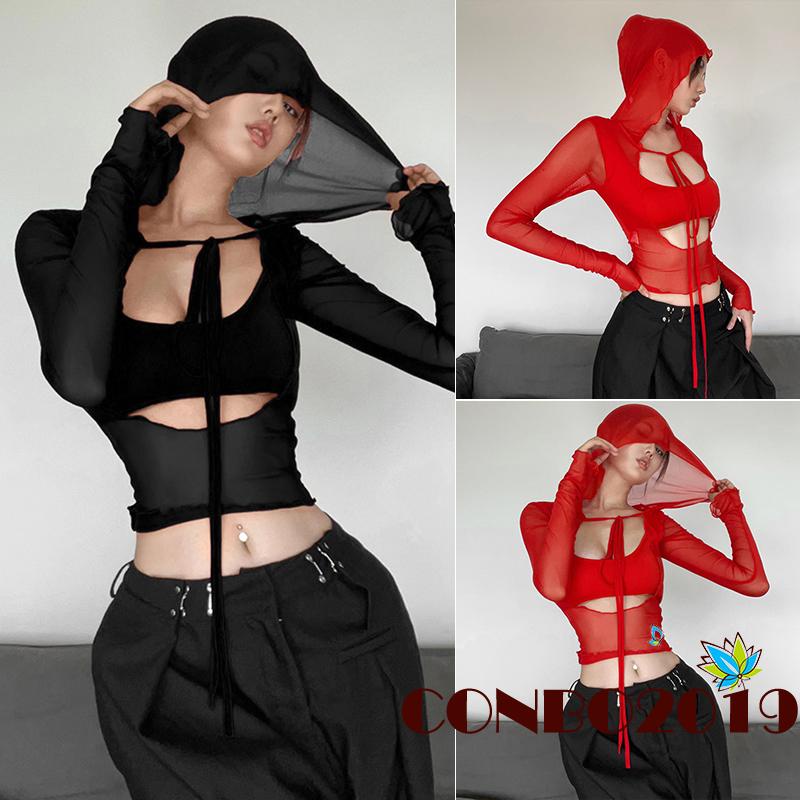 Áo Thun Crop Top Tay Dài Phối Lưới Màu Sắc Đơn Giản Dành Cho Nữ