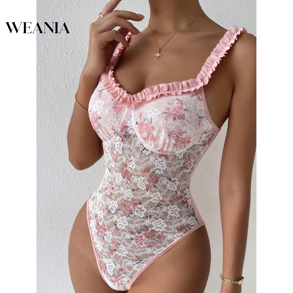 Bộ Áo Liền Quần Cổ Chữ V In Hoa Phối Ren Quyến Rũ Cho Nữ