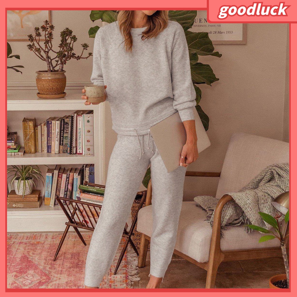 Bộ Áo Sweater Tay Dài Phối Quần Dây Rút Thời Trang Mùa Thu Cho Nữ