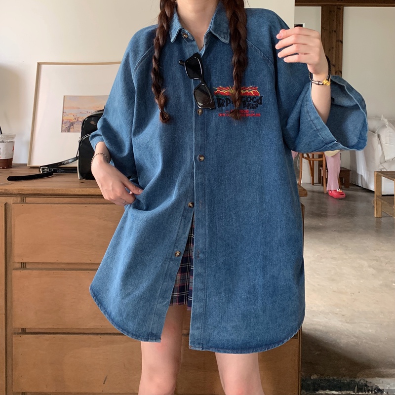 Áo Denim Tay Ngắn Dáng Rộng Hoạ Tiết Chữ Thêu Phong Cách Retro