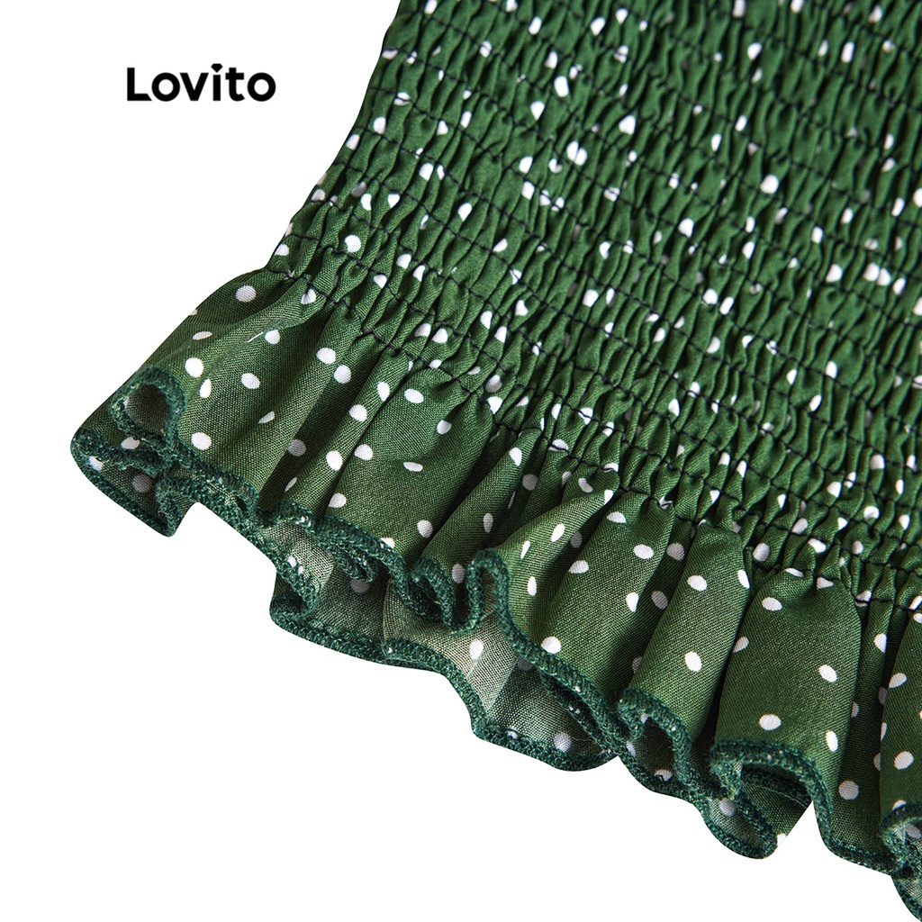 Áo LOVITO cổ vuông xếp nếp thắt dây họa tiết chấm bi thường ngày dành cho nữ L47LD076 (màu xanh lá cây đậm)