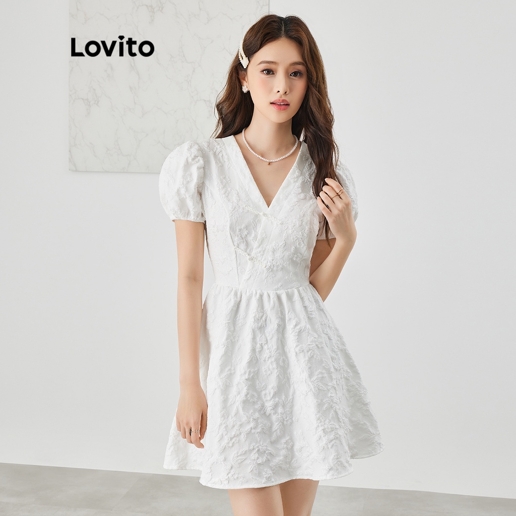 Đầm ôm dáng Lovito tay phồng khóa sau thắt nơ trước phong cách cổ điển thanh lịch cơ bản cho nữ L47AD042 (màu trắng)