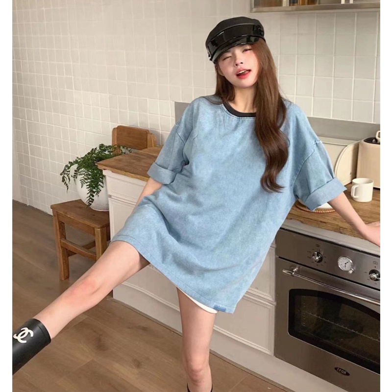 Áo Thun Denim Tay Ngắn Cổ Tròn Dáng Rộng Thiết Kế Đơn Giản Thời Trang Cho Nữ