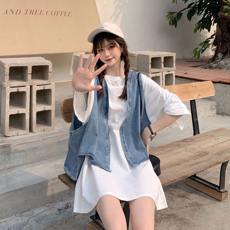 Set Áo Thun Ngắn Tay + Áo Khoác Denim Không Tay Thiết Kế Mới Thời Trang Mùa Hè Dành Cho Nữ