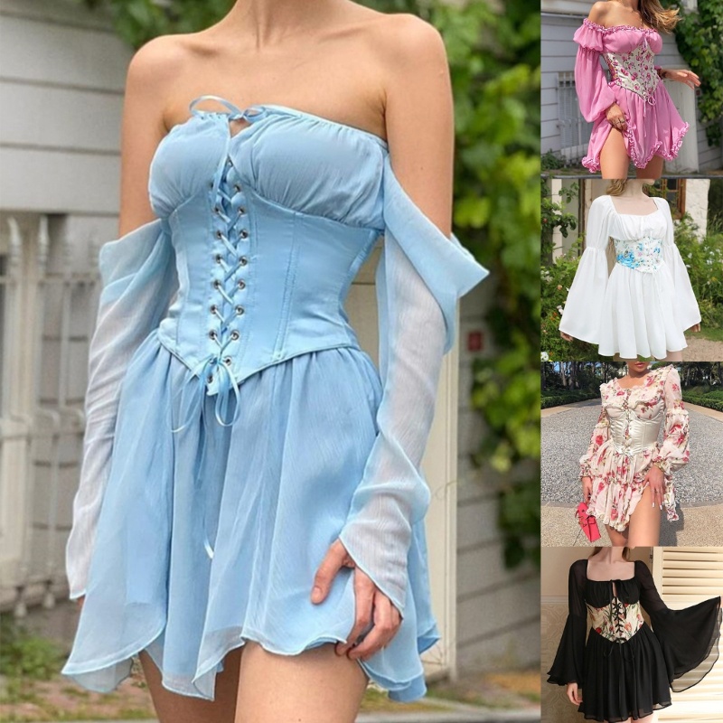 Đầm Voan Tay Phồng Trễ Vai Màu Trơn In Họa Tiết Hoa Xinh Xắn Thời Trang Cho Nữ