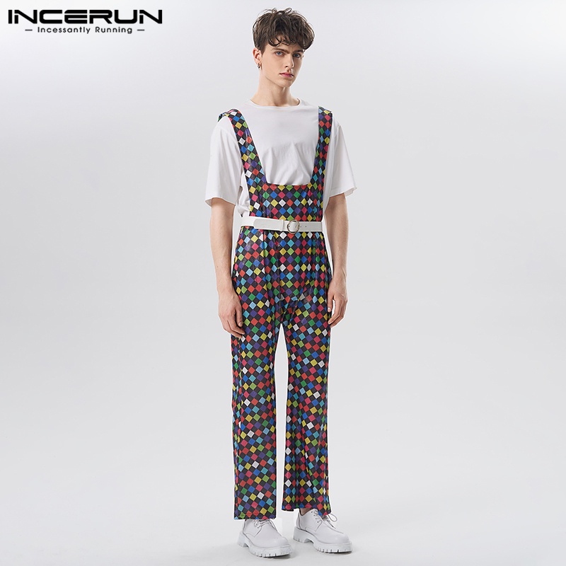 Quần yếm INCERUN không tay dáng chữ U họa tiết sọc caro thời trang cá tính cho nam