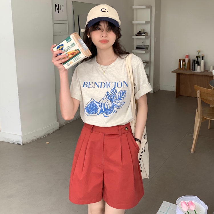 SUXI Áo Thun Tay Ngắn Dáng Rộng In Chữ Phong Cách Hàn Quốc Thời Trang Mùa Hè Cho Nữ