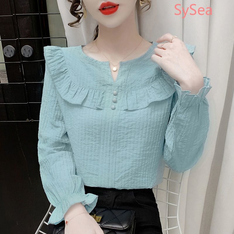 Áo Kiểu Tay Dài Phối Ren Phong Cách Pháp Thanh Lịch Cho Nữ