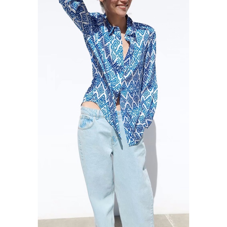 Zara Áo Sơ Mi Tay Dài Vải Lụa Satin Dáng Rộng In Họa Tiết Kiểu Retro Thời Trang Mù 9878143