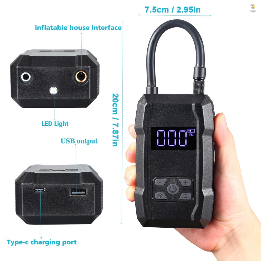 Máy Bơm Hơi Lốp Không Dây Kỹ Thuật Số LCD 150 PSI 6000mAh Có Đèn LED Có Thể Sạc Lại