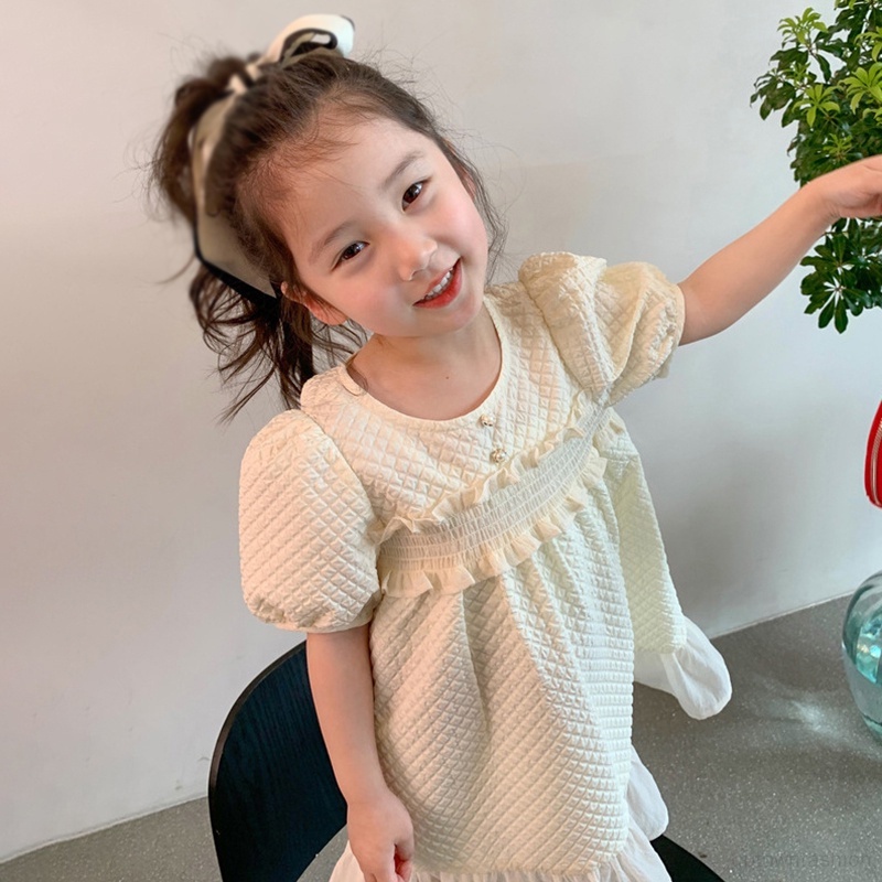 Đầm Công Chúa Tay Phồng Cổ Tròn Ngọt Ngào Thời Trang Cho Bé Gái