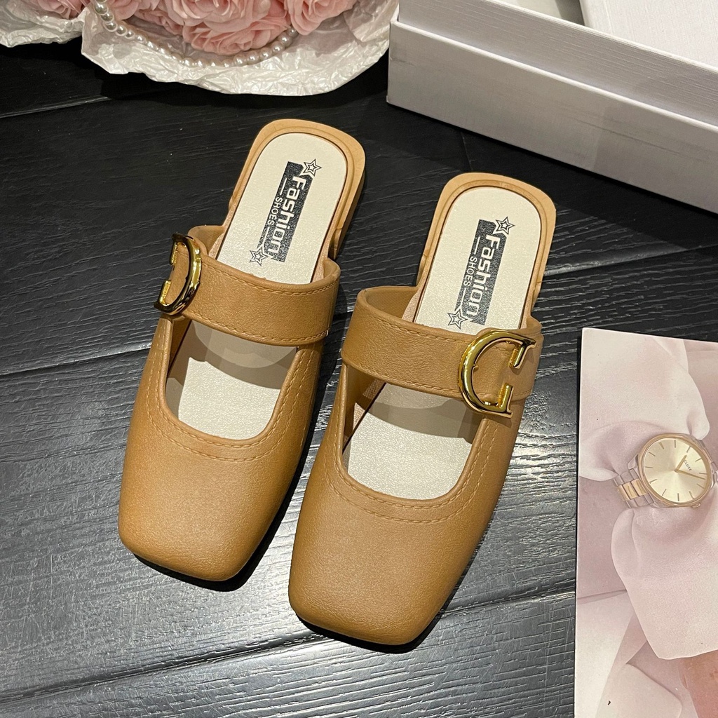 Dép Bít Mũi Đế Dày Quai Ngang Đính Khóa Kim Loại Chữ D Thời Trang Mùa Hè AA4198 Cho Nữ