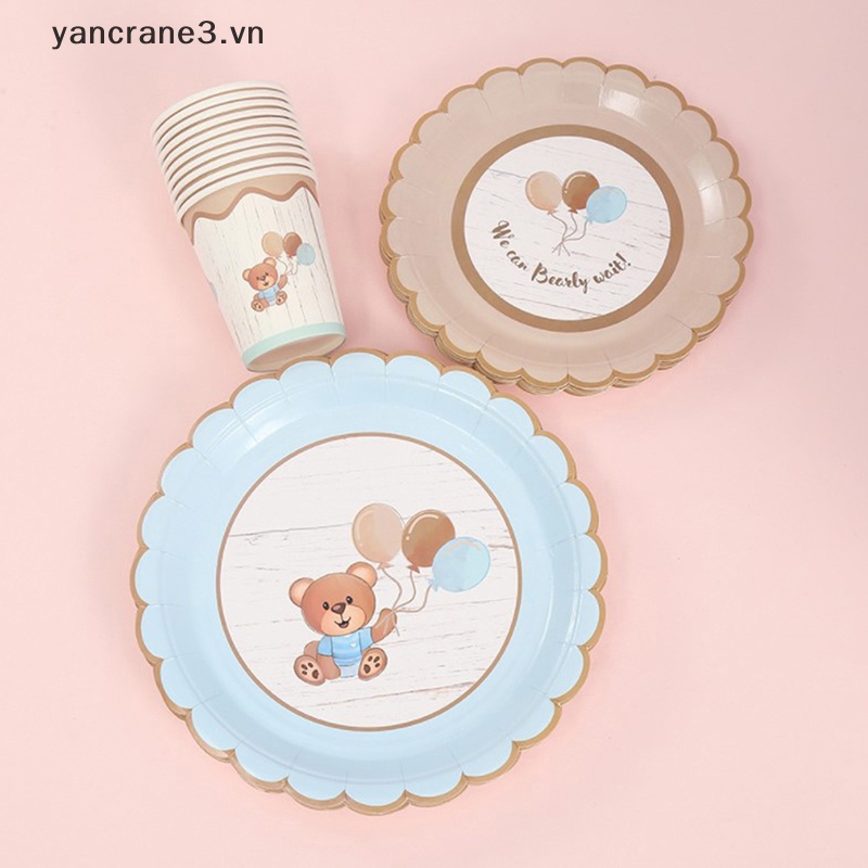 {YAN3} Set 10 Cốc / Đĩa / Khăn Ăn Dùng Một Lần Màu Xanh Dương Hình Gấu Dễ Thương Dành Cho Khách Sạn {yancrane3.vn