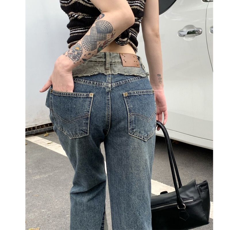 Quần Denim Ống Loe Màu Sắc Tương  RENJIANVSHENG Phản Phong Cách Retro Hàn Quốc Cho Nữ