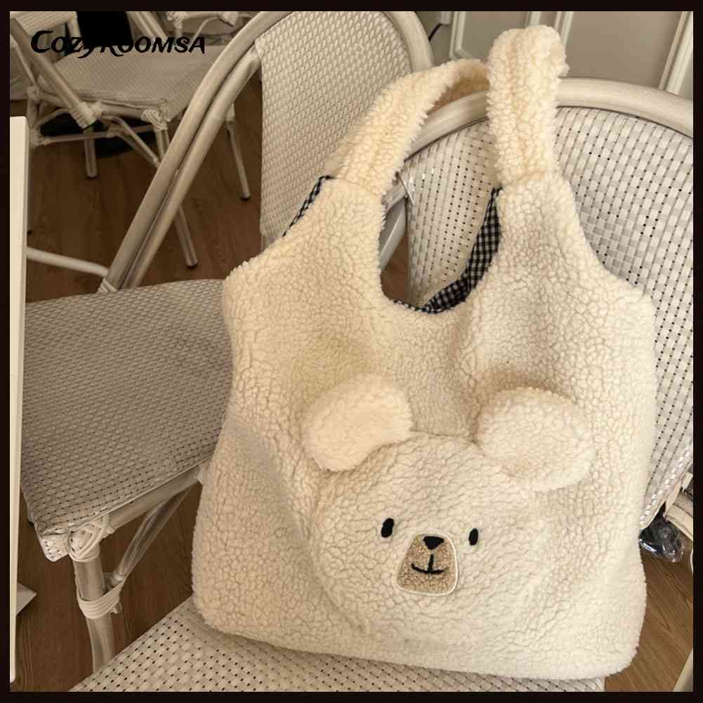 Túi Đeo Vai Bằng Vải Bông Họa Tiết Gấu Dễ Thương Thời Trang Thu Đông