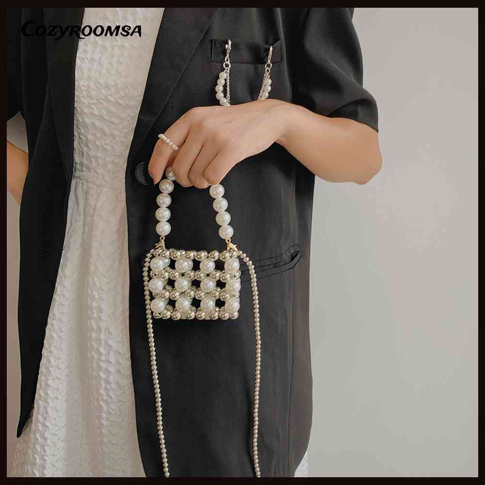 Túi Xách Đeo Chéo Đính Hạt Ngọc Trai Hình Vuông Mini Cho Nữ