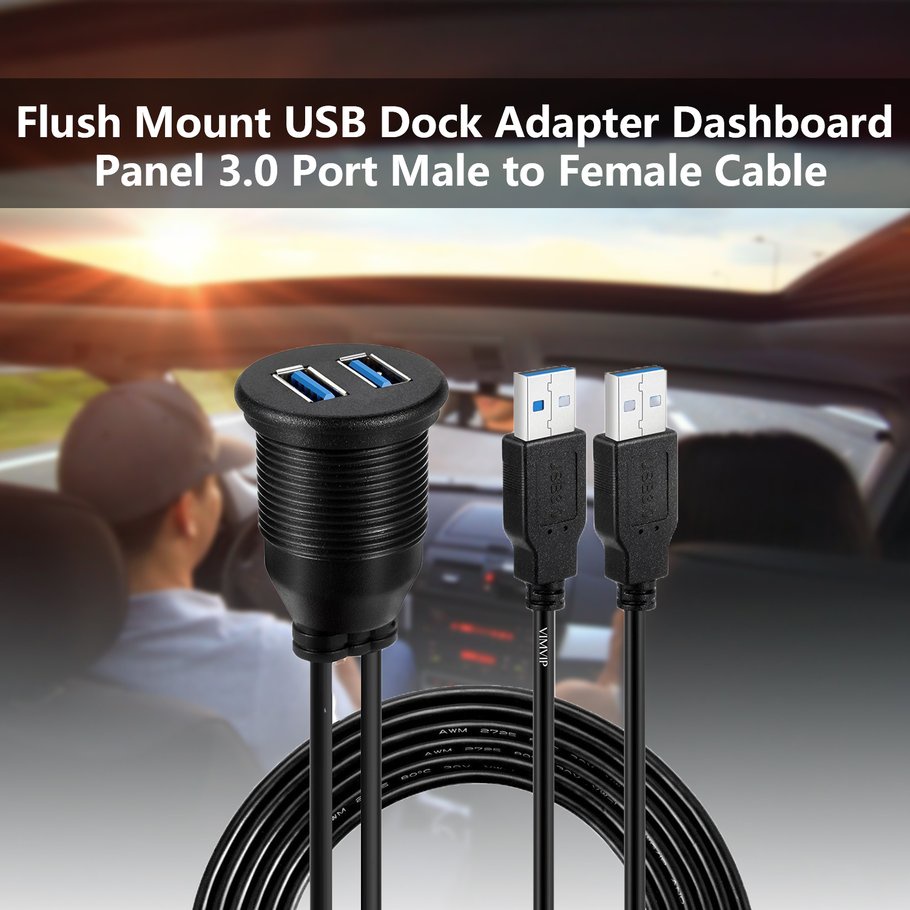 Car Dashboard Flush Mount USB Dock Adapter Dashboard Panel Port Male Female Cable Extension Cable for Motorcycle Boat