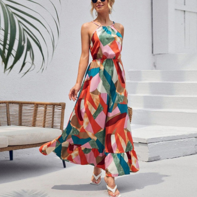 Đầm Maxi Dài Không Tay Dáng Chữ A Viền Bèo In Họa Tiết Hình Học Phong Cách Boho Cho Nữ