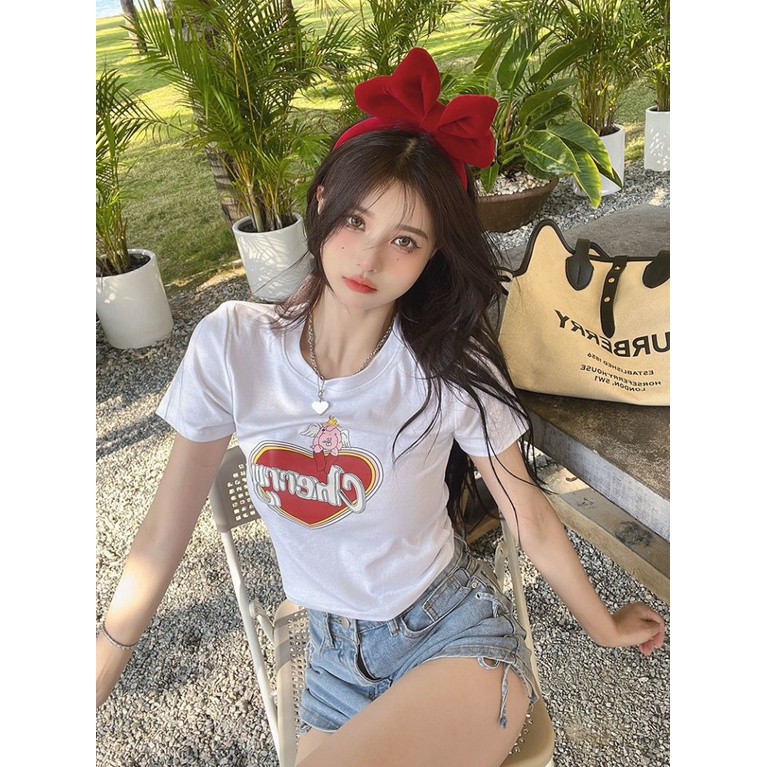 Áo baby tee Thun croptop Tay Ngắn Cổ Tròn In Họa Tiết Hoạt Hình Thời Trang Mùa Hè Xinh Xắn Cho Nữ