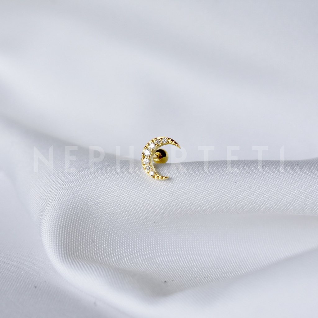 Khuyên tai bạc 925 mini - Mặt trăng đá chốt bi vặn  - Nepherteti