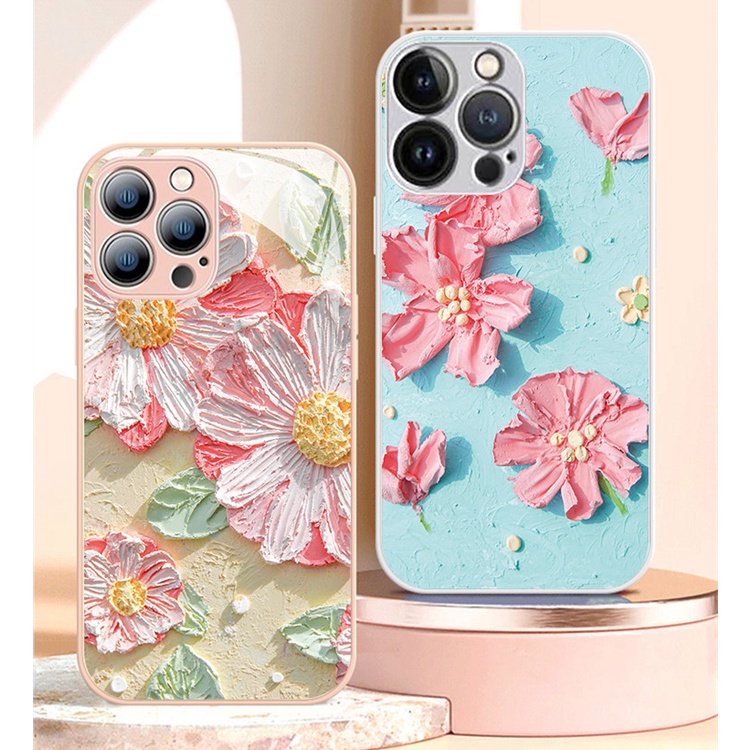 Ốp Điện Thoại Mặt Kính Viền TPU Họa Tiết Tranh Sơn Dầu Thời Trang Chống Sốc Cho IPhone 11 12 13 14 Pro Max 14 Plus