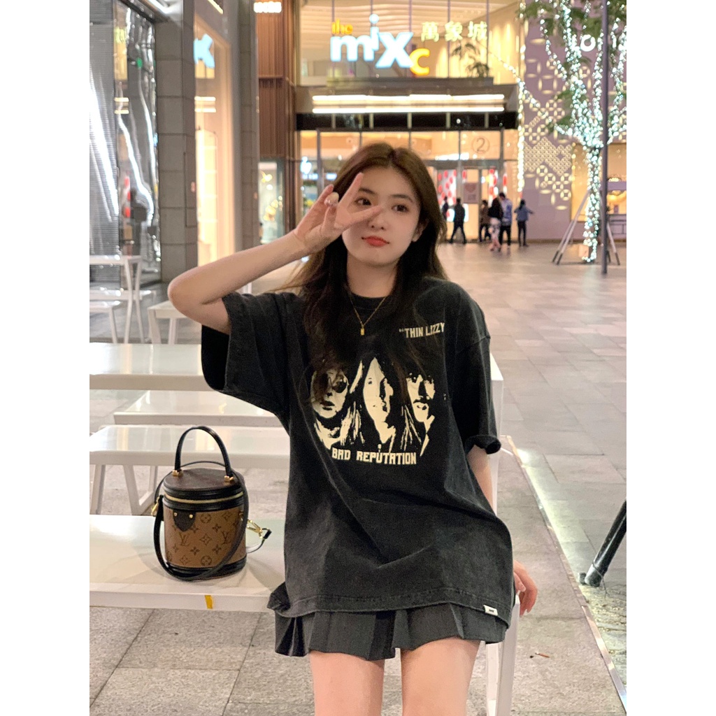 HIIXIIVI Áo Thun Đen 100% Cotton Tay Ngắn In Họa Tiết Hoạt Hình Phong Cách Hàn Quốc Cho Nữ 2023