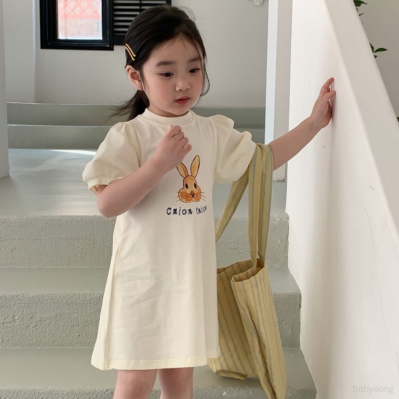 Đầm Thun Tay Phồng In Hình Thỏ Dễ Thương Thoải Mái Thời Trang Mùa Hè Cho Bé Gái