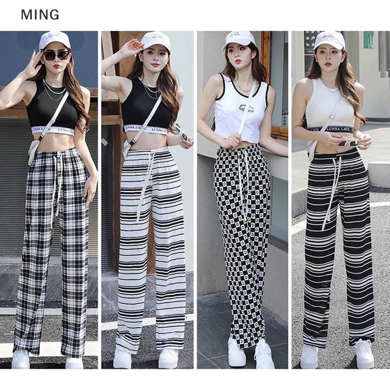 Quần Dài Ống Rộng Họa Tiết Caro Dây Rút Đơn Giản