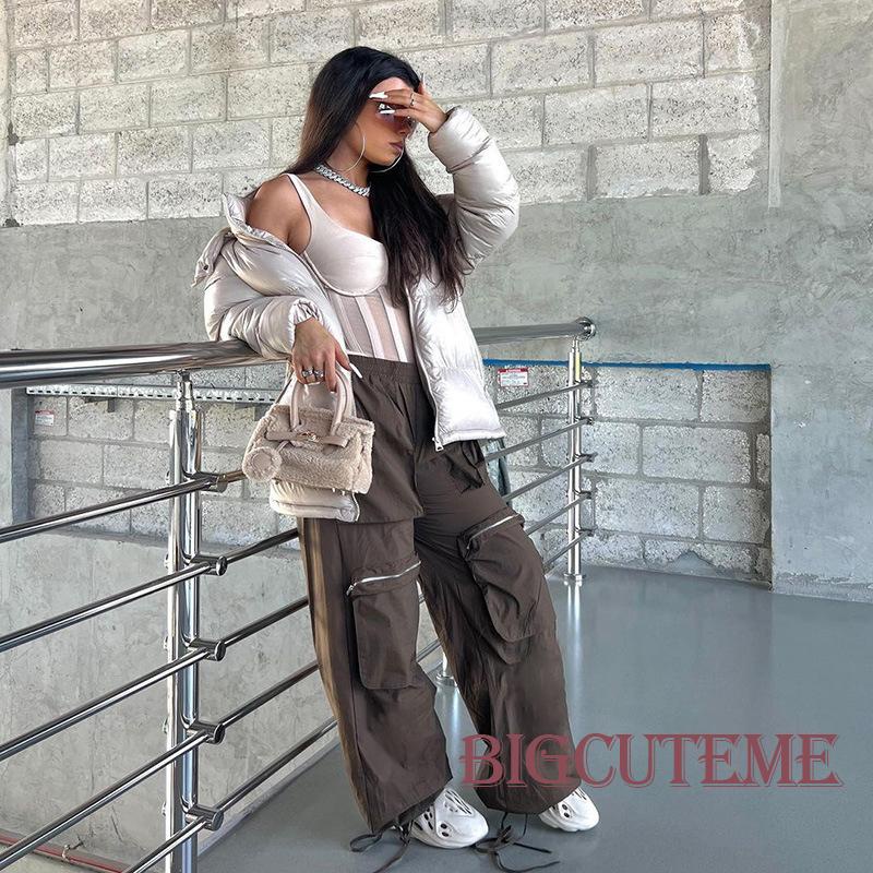 [] - Quần Ống Rộng Dây Rút Nhiều Túi Màu Trơn Giản Dị Dành Cho Nữ Màu Xanh Lá / Nâu