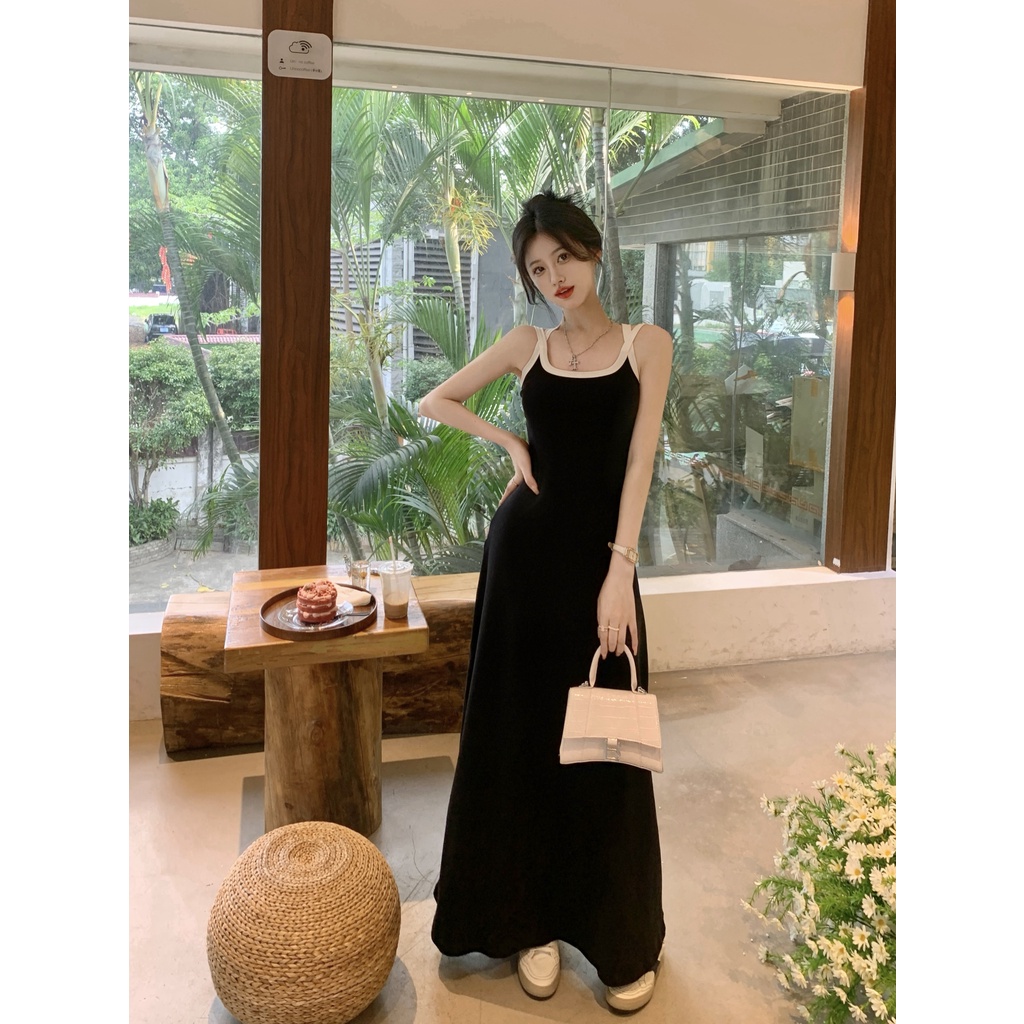Đầm Chữ A Hai Dây Dáng Dài Hở Lưng Màu Sắc Khối Phong Cách Hàn Quốc Thời Trang Mùa