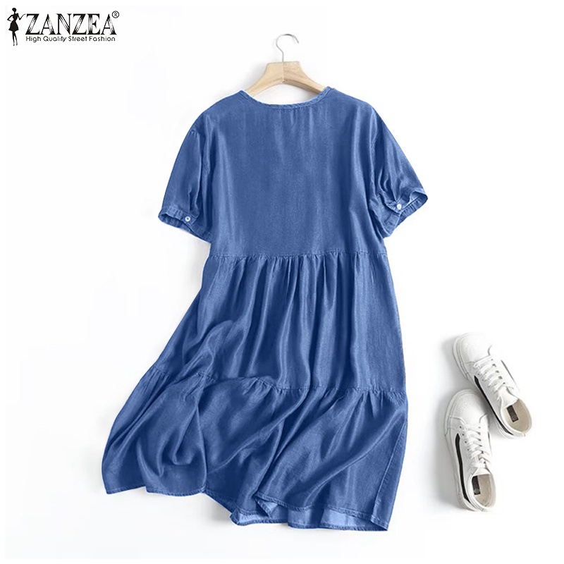Đầm denim ZANZEA ngắn tay cổ tròn phong cách đường phố thời trang dành cho nữ