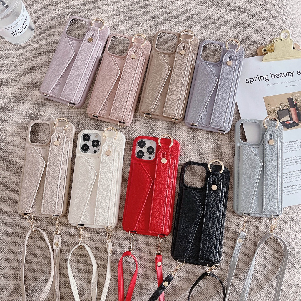 Ốp Điện Thoại Da Cứng Dạng Ví Có Dây Đeo Dài Cho iPhone 14 13promax 12 11 Đen