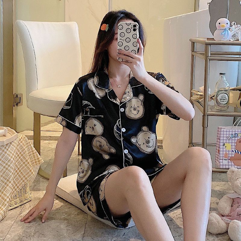 Bộ Đồ Ngủ Ngắn Tay Bằng Lụa Mát Thời Trang Mùa Hè Hàn Quốc 2023 Dễ Thương Dành Cho Nữ