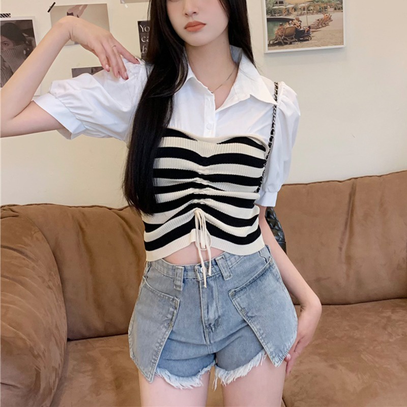 Áo Sơ Mi Tay Ngắn Cổ Polo Phối Dây Rút Họa Tiết Kẻ Sọc Phong Cách Hàn Quốc Thời Trang Mùa Hè
