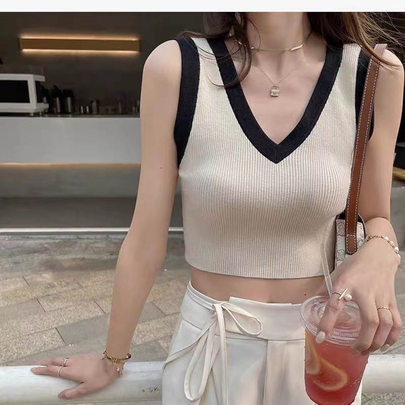 SUXI Áo Tank Top Dệt Kim Cổ Chữ V Màu Sắc Tương Phản Phong Cách Vintage Dành Cho Nữ
