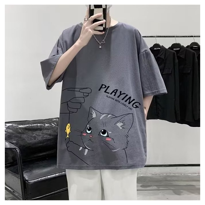 Áo Thun Tay Ngắn Cổ Tròn In Hình Mèo Dễ Thương Phong Cách Hàn Quốc Thời Trang Mùa Hè 4 Màu Lựa Chọn Cho Nam M-8XL