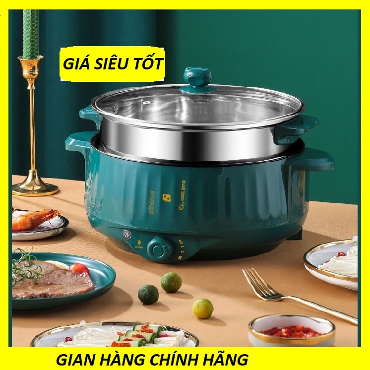 Nồi Lẩu Điện 28cm Nút Cơ, Nồi Nấu Mì 2 Tầng Kèm Giá Hấp- Cao Cấp.