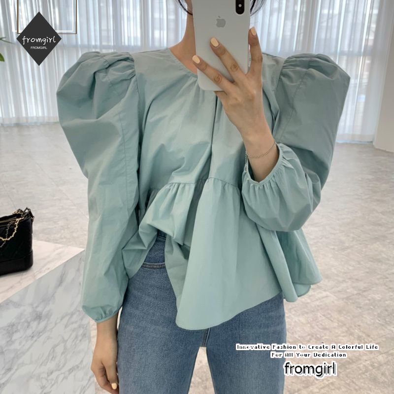 Áo Sơ Mi Trắng Cổ Tròn Tay Phồng Dáng Rộng Phong Cách Hàn Quốc