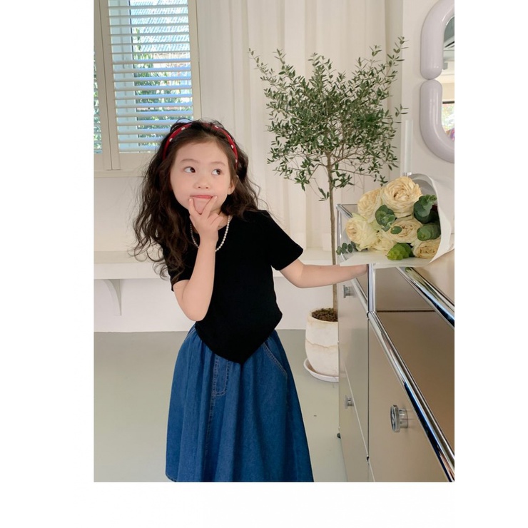 Set Áo Thun Ngắn Tay + Chân Váy Denim Phong Cách Hàn Quốc Thời Trang Mùa Hè Cho Bé Gái