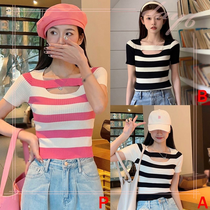 Áo Thun Dệt Kim Cổ Vuông Tay Ngắn Họa Tiết Kẻ Sọc Phong Cách Hàn Quốc Thời Trang Cho Nữ