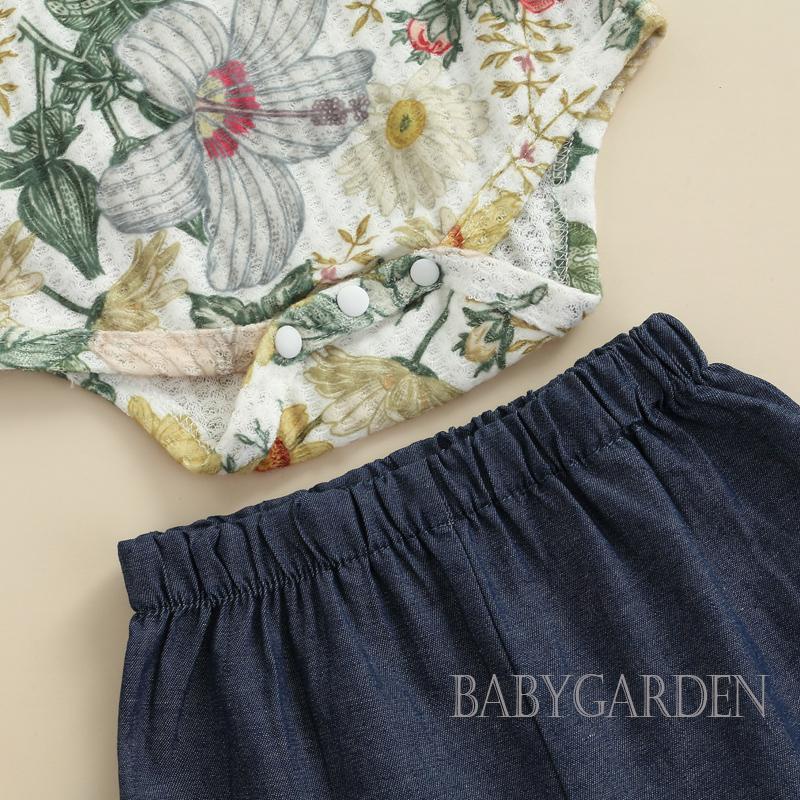 Bộ Áo Liền Quần Tay Dài Cổ Bèo In Họa Tiết Hoa Xinh Xắn Cho Bé Gái 0-18 Tháng Tuổi