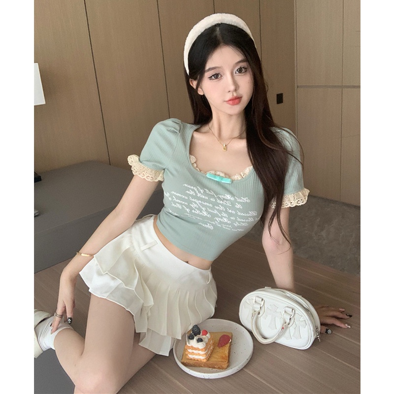 Áo Thun Nữ Ngắn Tay In Chữ Phối Ren Ngọt Ngào