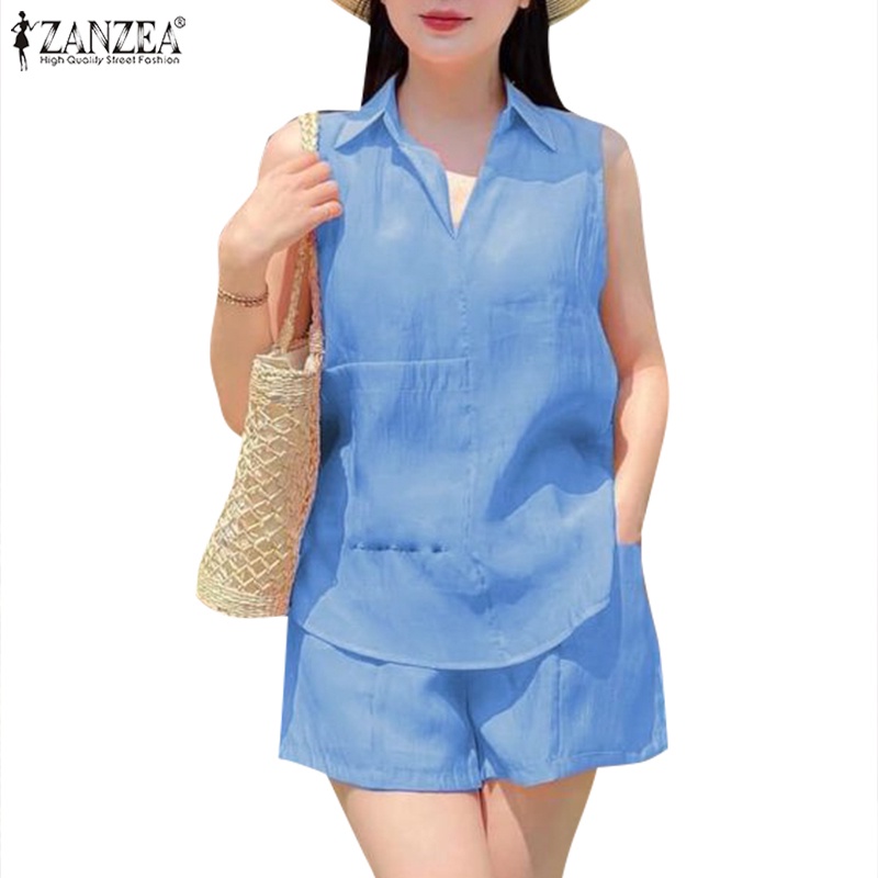 ZANZEA Set Áo Dây Không Tay + Quần Short Lưng Thun Thời Trang Nữ